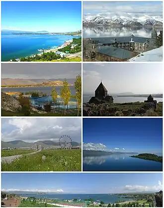 Da esquerda à direita e de cima para baixo: Parque Nacional de Sevã, Academia Teológica Vaskenian, ilha de Sevã, Mosteiro de Sevã, Perfil de Sevã, lago Sevã, vista panorâmica da praia de Sevã
