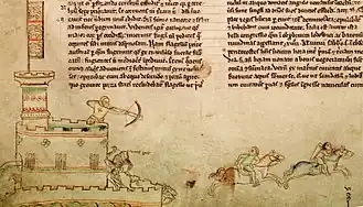 Um desenho nas bordas de um manuscrito de um arqueiro em uma torre atirando em um cavaleiro.