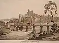 Vista da ponte sobre o rio Wye e as ruínas do castelo em Chepstow; impressão de 1812