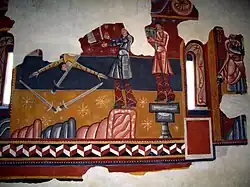 Menestréis identificados como um equilibrista, um malabarista e um músico; alguns autores acreditam que a cena representa uma alegoria cristã. Reprodução "in situ", em Sant Joan de Boí, dos originais no MNAC, ~1100.