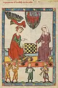 Ilustração do Codex Manesse com Otão IV jogando xadrez com uma dama (c.1320).[28]