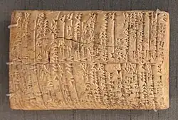 Uma tabuinha do período de Sulgi, mencionando a aldeia "Melua" na Suméria.[8] Museu Britânico, BM 17751. "Meluhha" (𒈨𒈛𒄩𒆠) realmente aparece no início do outro lado (coluna II, 1) na frase "O celeiro da aldeia de Melua".[9][8]