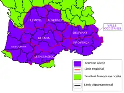 Territórios das línguas occitanas (deve acrescentar-se a área do Piemonte).