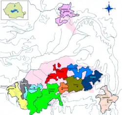 Seven administrative units (six of them to the south, one of them to the north)