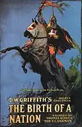 Pôster de The Birth of a Nation, de D.W. Griffith, primeiro longa-metragem norte-americano, de 200 minutos, de 1915.