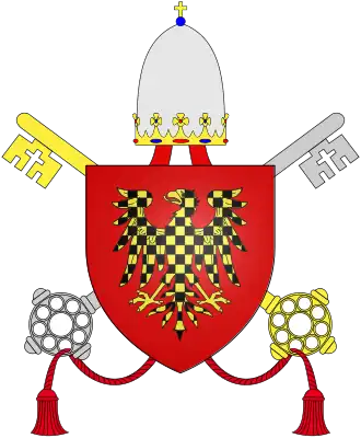 Brasão de Inocêncio com os elementos heráldicos completos dos papas (tiara papal e chaves de São Pedro), atribuída ao pontífice posteriormente.