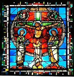 A Crucificação, parte do vitral da Redenção. 1155. Catedral de Châlons-en-Champagne, Châlons-en-Champagne (Marne)