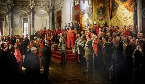 Imperador Guilherme II abrindo o Reichstag na Sala Branca do Palácio de Berlim, 1888 (pintura de Anton von Werner, 1893)