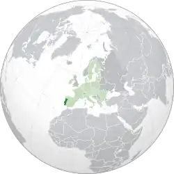 Localização de Portugal (em verde)na União Europeia (em verde claro)