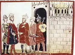 Manuscript illumination of five men outside a fortress