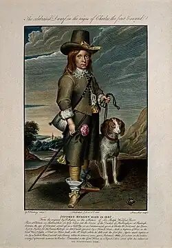 Jeffery Hudson, anão da corte da rainha inglesa Henriqueta Maria de França. Gravura colorida de J. Stow, 1810