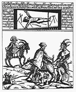 Xilogravura da torre da ponte em Frankfurt, mostrando o martírio de Simão de Trento acima de um Judensau