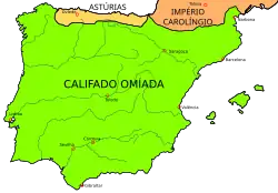 legenda=Reino das Astúrias (a amarelo) no ano 750, no fim do Califado Omíada