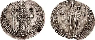 Miliarésio cunhado por Romano&nbsp;III Argiro (r. 1028–1034), com a Virgem com o infante Cristo no anverso e o imperador de pé no reverso.
