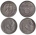 Moeda de 5-Reichsmark antes de 1936 e depois de adicionar a suástica nazista em 1938.