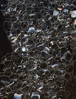 Espuma de bolhas de sabão: quatro arestas se encontram em cada vértice, em ângulos próximos a 109,5°