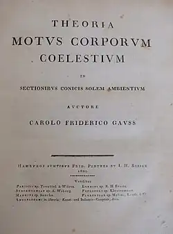 Title page of a 1890 copy of Carl Gauss' "Theoria Motus Corporum Coelestium in sectionibus conicis solem ambientium."
