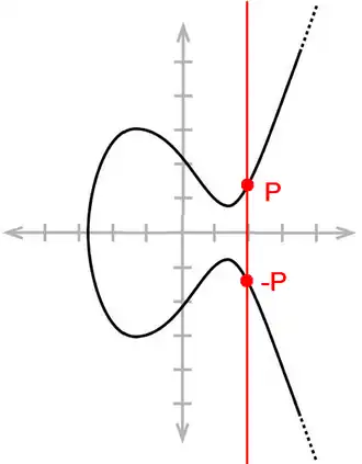 O inverso de um ponto (racional) é sempre (no caso de uma forma normalizada 
  
    
      
        
          y
          
            2
          
        
        =
        
          x
          
            3
          
        
        +
        a
        
          x
          
            2
          
        
        +
        b
        x
        +
        c
      
    
    {\displaystyle y^{2}=x^{3}+ax^{2}+bx+c}
  
) o reflexo no eixo dos x, porque o "terceiro ponto de intersecção" está infinitamente distante.