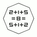 Mirror and rotational ambigram of an arithmetic operation illustrating the commutative property, 2+1+5=8.