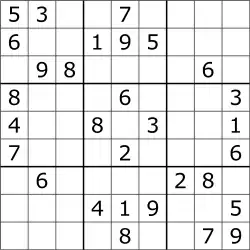 Um típico quebra-cabeça sudoku, com nove linhas e nove colunas que se cruzam em espaços quadrados. Algumas células são preenchidas com um número; outras são células em branco a serem resolvidas.