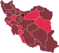 Mapa do surto no Irã (13 de março): &nbsp;&nbsp;Caso confirmado 1~9 &nbsp;&nbsp;Caso confirmado 10~99 &nbsp;&nbsp;Caso confirmado 100~499 &nbsp;&nbsp;Caso confirmado 500~999 &nbsp;&nbsp;Caso confirmado 1000~9999 &nbsp;&nbsp;Caso confirmado ≥10000