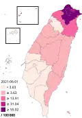 2° Mapa do surto em Taiwan (13 de março): &nbsp;&nbsp;< 0.81 &nbsp;&nbsp;0.81 &nbsp;&nbsp;1.61 &nbsp;&nbsp;2.42 &nbsp;&nbsp;3.22 &nbsp;&nbsp;4.03+