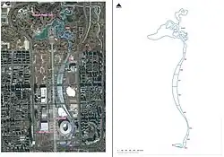 Principal local dos Jogos Olímpicos de Pequim, mostrando o sistema do rio em forma de dragão, com o Lago do Dragão e o Parque Florestal Olímpico no topo (Fonte: Zhou et al., 2017).