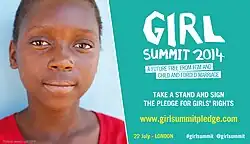 Poster of young African girl advertising a 2014 summit conference in London addressing Female Genital Mutilation and Child Marriage