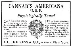Um anúncio americano de cannabis distribuído por um farmacêutico em Nova Iorque em 1917.