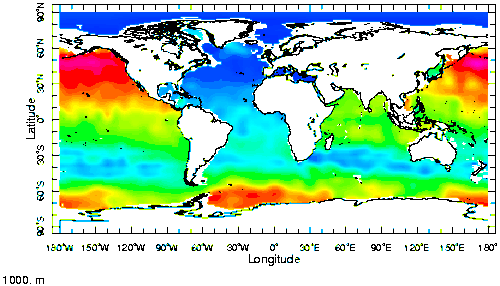 Concentração de sílica dissolvida (DSi) a 1000&nbsp;m de profundidade.