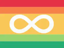 Bandeira com várias faixas horizontais que vão do vermelho ao verde, com um símbolo do infinito branco no centro