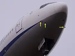 Localização de tubos de pitot em um avião Boeing 777