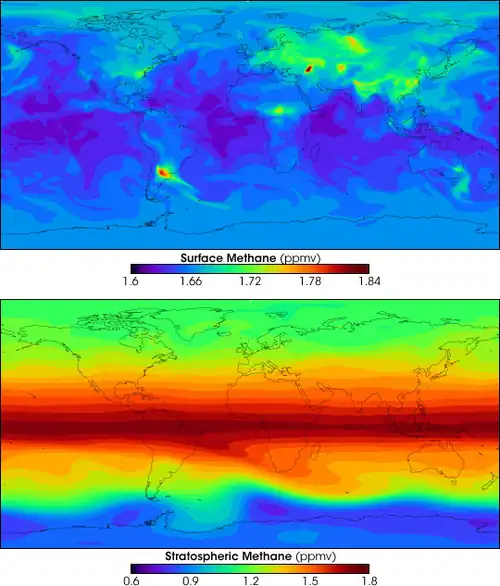 Modelos computacionais da NASA de 2005, calculados com base nas informações disponíveis naquela época, mostram a quantidade de metano (partes por milhão por volume) na superfície (topo) e na estratosfera (base)
