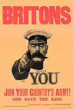 World War I recruiting poster, with Lord Kitchener pointing at the viewer