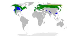 Distribuição de A. gentilis Amarelo:nidificação, verde: anual, azul: inverno