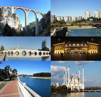 De cima para baixo e da esquerda para a direita: 1)&nbsp;Viaduto de Varda; 2)&nbsp;Çukurova, Adana; 3)&nbsp;Taşköprü; 4)&nbsp;Estação de Adana; 5)&nbsp;&nbsp;Dilberler Sekisi; 6)&nbsp;Sabancı Merkez Mesquita.