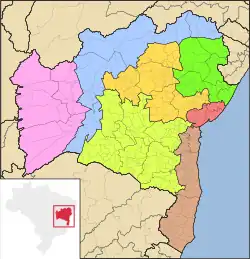 Mapa da Bahia destacando as mesorregiões do estado em diferentes cores.