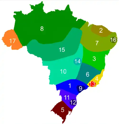 Mapa da extensão geográfica dos dialetos do português brasileiro