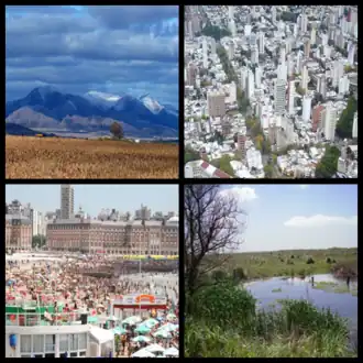 De cima para baixo, da esquerda para a direita: as Sierras de la Ventana, a cidade de La Plata, a cidade de Mar del Plata e as pampas do centro da província