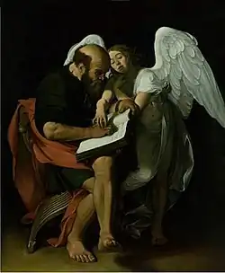 São Mateus e o Anjo, 223 × 183 cm, 1599, primeira versão. Pintura destruída em maio de 1945 (Berlim).