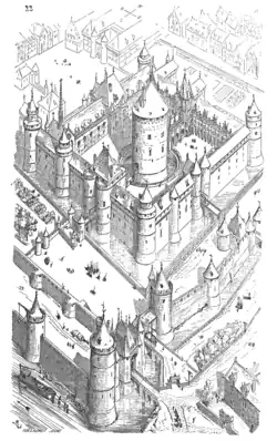 O Louvre na época de Carlos V da França (1338–1380), desenhado por Eugene Viollet-le-Duc