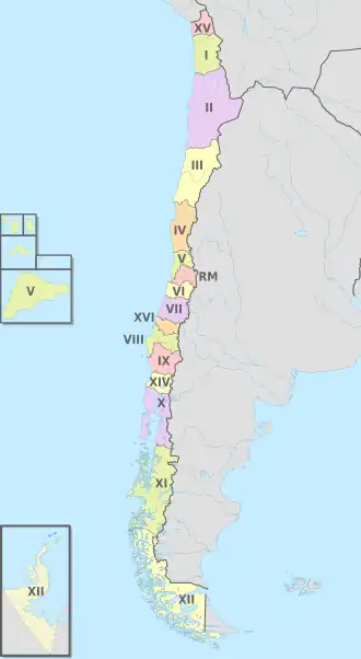 16 regiões administrativas do Chile.