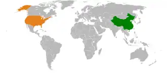 Mapa indicando localização da China e dos Estados Unidos.