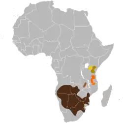 Distribuição das subespécies de gnu-de-cauda-preta C. t. albojubatus C. t. cooksoni C. t. johnstoni C. t. mearnsi C. t. taurinus