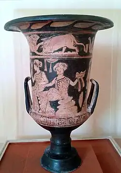 Cratera em cálice italiota de figuras vermelhas. Campânia, século IV a.C.