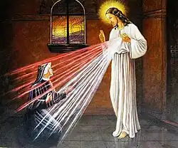 Pintura que representa a visão de Santa Faustina Kowalska dos raios que saem do coração de Jesus Misericordioso