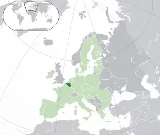 Localização da Bélgica (em verde escuro) Na União Europeia (em verde claro) No continente europeu