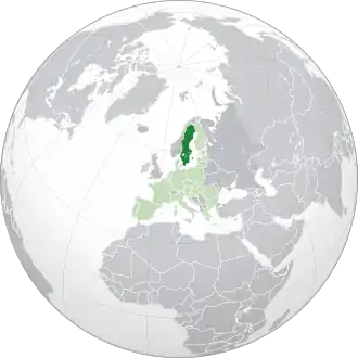Localização da Suécia (em verde escuro) na União Europeia (em verde claro)