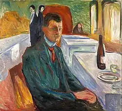Autorretrato com uma garrafa de vinho. 1906. 110&nbsp;×&nbsp;120&nbsp;cm. Munch Museum, Oslo