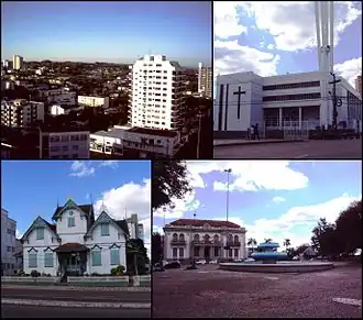 Acima, da esquerda para a direita: Vista parcial da região central da cidade pela Praça da Bandeira; catedral de Erechim; Castelinho; Prefeitura municipal de Erechim.